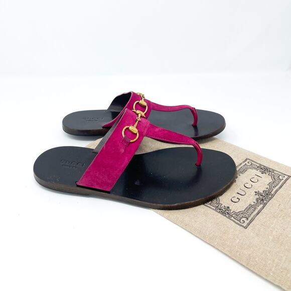 Gucci Marcy Suede Horsebit Leather Thong Sandal Pink Size EU 35.5 - Picture 3 of 6